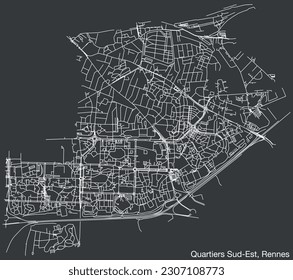 Detailed hand-drawn navigational urban street roads map of the QUARTIERS SUD-EST QUARTER of the French city of RENNES, France with vivid road lines and name tag on solid background