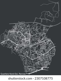 Detailed hand-drawn navigational urban street roads map of the QUARTIERS NORD-EST QUARTER of the French city of RENNES, France with vivid road lines and name tag on solid background