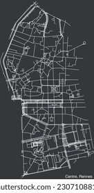Detailed hand-drawn navigational urban street roads map of the CENTRE QUARTER of the French city of RENNES, France with vivid road lines and name tag on solid background