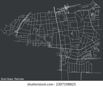 Detailed hand-drawn navigational urban street roads map of the SUD-GARE QUARTER of the French city of RENNES, France with vivid road lines and name tag on solid background