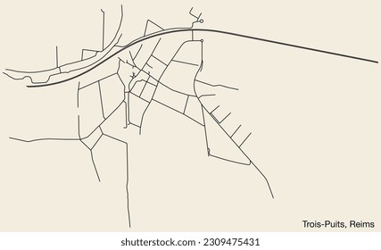 Detailed hand-drawn navigational urban street roads map of the TROIS-PUITS COMMUNE of the French city of REIMS, France with vivid road lines and name tag on solid background