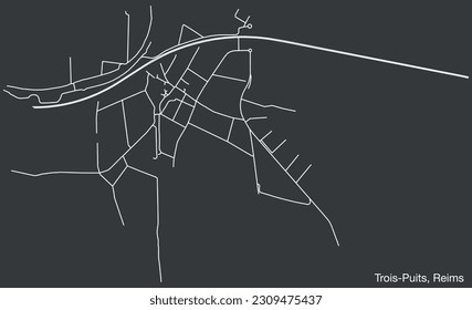 Detailed hand-drawn navigational urban street roads map of the TROIS-PUITS COMMUNE of the French city of REIMS, France with vivid road lines and name tag on solid background