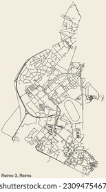 Detailed hand-drawn navigational urban street roads map of the REIMS-3 CANTON of the French city of REIMS, France with vivid road lines and name tag on solid background