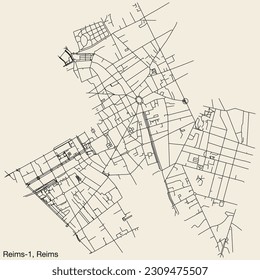 Detailed hand-drawn navigational urban street roads map of the REIMS-1 CANTON of the French city of REIMS, France with vivid road lines and name tag on solid background