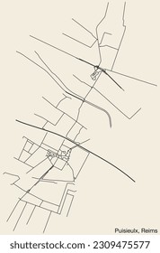 Detailed hand-drawn navigational urban street roads map of the PUISIEULX COMMUNE of the French city of REIMS, France with vivid road lines and name tag on solid background