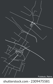 Detailed hand-drawn navigational urban street roads map of the PUISIEULX COMMUNE of the French city of REIMS, France with vivid road lines and name tag on solid background