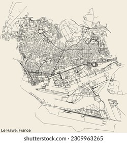 Detailed hand-drawn navigational urban street roads map of the French city of LE HAVRE, FRANCE with solid road lines and name tag on vintage background