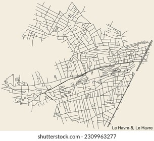 Detailed hand-drawn navigational urban street roads map of the LE HAVRE-5 CANTON of the French city of LE HAVRE, France with vivid road lines and name tag on solid background