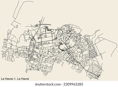 Detailed hand-drawn navigational urban street roads map of the LE HAVRE-1 CANTON of the French city of LE HAVRE, France with vivid road lines and name tag on solid background