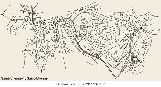 Detailed hand-drawn navigational urban street roads map of the SAINT-ÉTIENNE-1 CANTON of the French city of SAINT-ÉTIENNE, France with vivid road lines and name tag on solid background