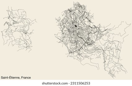 Detailed hand-drawn navigational urban street roads map of the French city of SAINT-ÉTIENNE, FRANCE with solid road lines and name tag on vintage background