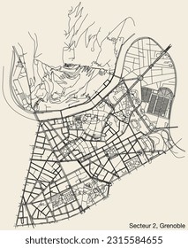 Detailed hand-drawn navigational urban street roads map of the GRENOBLE-2 SECTOR of the French city of GRENOBLE, France with vivid road lines and name tag on solid background