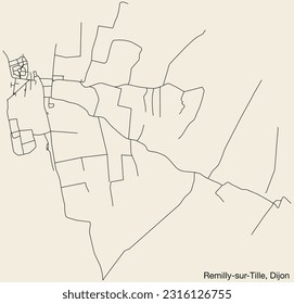 Detailed hand-drawn navigational urban street roads map of the REMILLY-SUR-TILLE QUARTER of the French city of DIJON, France with vivid road lines and name tag on solid background