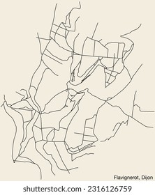 Detailed hand-drawn navigational urban street roads map of the FLAVIGNEROT QUARTER of the French city of DIJON, France with vivid road lines and name tag on solid background