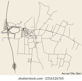 Detailed hand-drawn navigational urban street roads map of the ARC-SUR-TILLE QUARTER of the French city of DIJON, France with vivid road lines and name tag on solid background