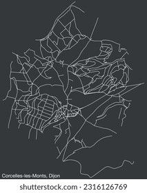 Detailed hand-drawn navigational urban street roads map of the CORCELLES-LES-MONTS QUARTER of the French city of DIJON, France with vivid road lines and name tag on solid background