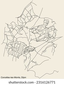 Detailed hand-drawn navigational urban street roads map of the CORCELLES-LES-MONTS QUARTER of the French city of DIJON, France with vivid road lines and name tag on solid background