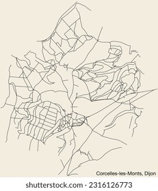 Detailed hand-drawn navigational urban street roads map of the CORCELLES-LES-MONTS QUARTER of the French city of DIJON, France with vivid road lines and name tag on solid background