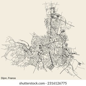 Detailed hand-drawn navigational urban street roads map of the French city of DIJON, FRANCE with solid road lines and name tag on vintage background