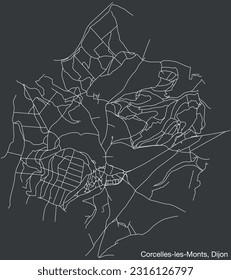 Detailed hand-drawn navigational urban street roads map of the CORCELLES-LES-MONTS QUARTER of the French city of DIJON, France with vivid road lines and name tag on solid background