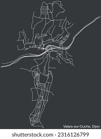 Detailed hand-drawn navigational urban street roads map of the VELARS-SUR-OUCHE QUARTER of the French city of DIJON, France with vivid road lines and name tag on solid background