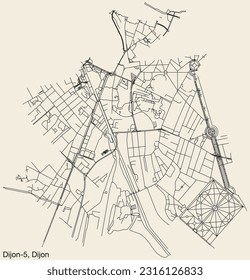 Detailed hand-drawn navigational urban street roads map of the DIJON-5 CANTON of the French city of DIJON, France with vivid road lines and name tag on solid background