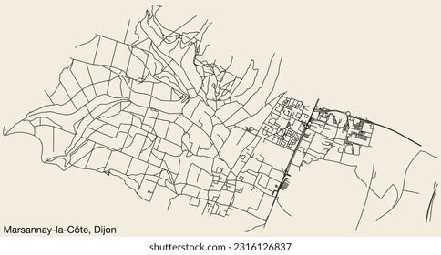 Detailed hand-drawn navigational urban street roads map of the MARSANNAY-LA-CÔTE QUARTER of the French city of DIJON, France with vivid road lines and name tag on solid background