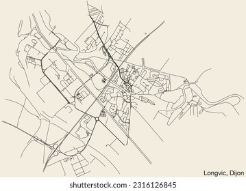 Detailed hand-drawn navigational urban street roads map of the LONGVIC QUARTER of the French city of DIJON, France with vivid road lines and name tag on solid background