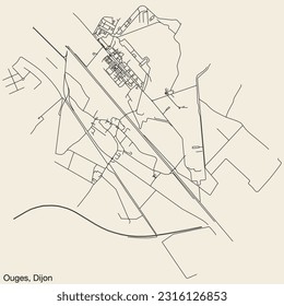 Detailed hand-drawn navigational urban street roads map of the OUGES QUARTER of the French city of DIJON, France with vivid road lines and name tag on solid background