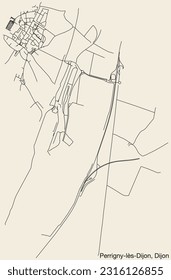 Detailed hand-drawn navigational urban street roads map of the PERRIGNY-LES-DIJON QUARTER of the French city of DIJON, France with vivid road lines and name tag on solid background