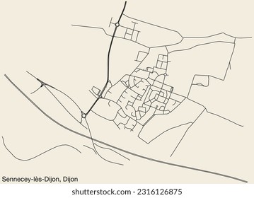 Detailed hand-drawn navigational urban street roads map of the SENNECEY-LÈS-DIJON QUARTER of the French city of DIJON, France with vivid road lines and name tag on solid background