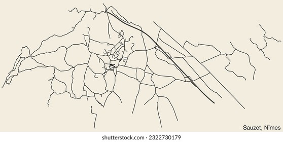 Detailed hand-drawn navigational urban street roads map of the SAUZET COMMUNE of the French city of NÎMES, France with vivid road lines and name tag on solid background