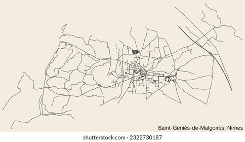 Detailed hand-drawn navigational urban street roads map of the SAINT-GENIÈS-DE-MALGOIRÈS COMMUNE of the French city of NÎMES, France with vivid road lines and name tag on solid background