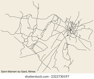 Mapa detallado de las carreteras urbanas de navegación a mano de la COMUNE SAINT-MAMERT-DU-GARD de la ciudad francesa de NÎMES, Francia, con líneas vivas de carretera y etiqueta de nombre en fondo sólido