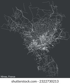 Detailed hand-drawn navigational urban street roads map of the French city of NÎMES, FRANCE with solid road lines and name tag on vintage background