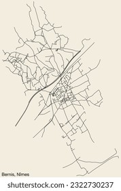 Detailed hand-drawn navigational urban street roads map of the BERNIS COMMUNE of the French city of NÎMES, France with vivid road lines and name tag on solid background