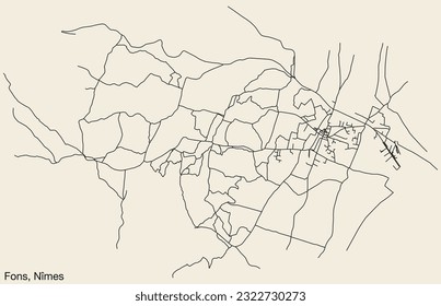 Detailed hand-drawn navigational urban street roads map of the FONS COMMUNE of the French city of NÎMES, France with vivid road lines and name tag on solid background