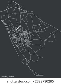 Detailed hand-drawn navigational urban street roads map of the GARONS COMMUNE of the French city of NÎMES, France with vivid road lines and name tag on solid background