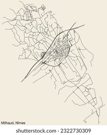 Detailed hand-drawn navigational urban street roads map of the MILHAUD COMMUNE of the French city of NÎMES, France with vivid road lines and name tag on solid background