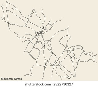 Detailed hand-drawn navigational urban street roads map of the MOULÉZAN COMMUNE of the French city of NÎMES, France with vivid road lines and name tag on solid background