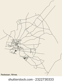 Detailed hand-drawn navigational urban street roads map of the REDESSAN COMMUNE of the French city of NÎMES, France with vivid road lines and name tag on solid background