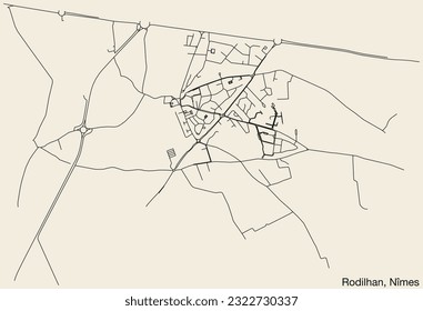 Detailed hand-drawn navigational urban street roads map of the RODILHAN COMMUNE of the French city of NÎMES, France with vivid road lines and name tag on solid background