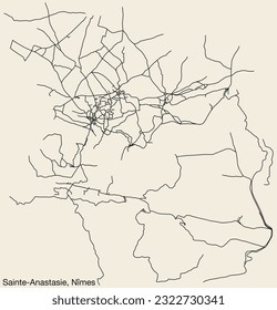 Detailed hand-drawn navigational urban street roads map of the SAINTE-ANASTASIE COMMUNE of the French city of NÎMES, France with vivid road lines and name tag on solid background