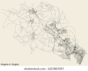 Detailed hand-drawn navigational urban street roads map of the ANGERS-4 CANTON of the French city of ANGERS, France with vivid road lines and name tag on solid background