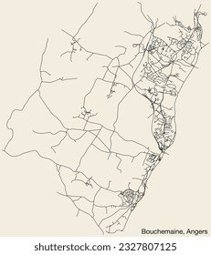 Detailed hand-drawn navigational urban street roads map of the BOUCHEMAINE COMMUNE of the French city of ANGERS, France with vivid road lines and name tag on solid background
