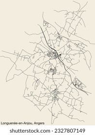 Detailed hand-drawn navigational urban street roads map of the LONGUENÉE-EN-ANJOU COMMUNE of the French city of ANGERS, France with vivid road lines and name tag on solid background