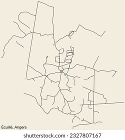 Detailed hand-drawn navigational urban street roads map of the ÉCUILLÉ COMMUNE of the French city of ANGERS, France with vivid road lines and name tag on solid background