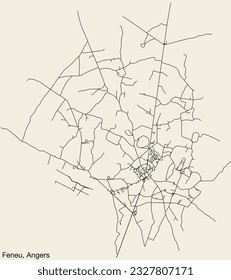 Detailed hand-drawn navigational urban street roads map of the FENEU COMMUNE of the French city of ANGERS, France with vivid road lines and name tag on solid background