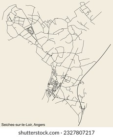 Detailed hand-drawn navigational urban street roads map of the SEICHES-SUR-LE-LOIR COMMUNE of the French city of ANGERS, France with vivid road lines and name tag on solid background