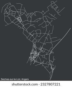 Detailed hand-drawn navigational urban street roads map of the SEICHES-SUR-LE-LOIR COMMUNE of the French city of ANGERS, France with vivid road lines and name tag on solid background